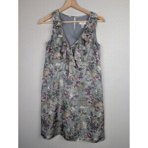 Ann Taylor Loft Dress Womens 0 Gray Floral Sleeveless Ruffle V Neck Lined Summer